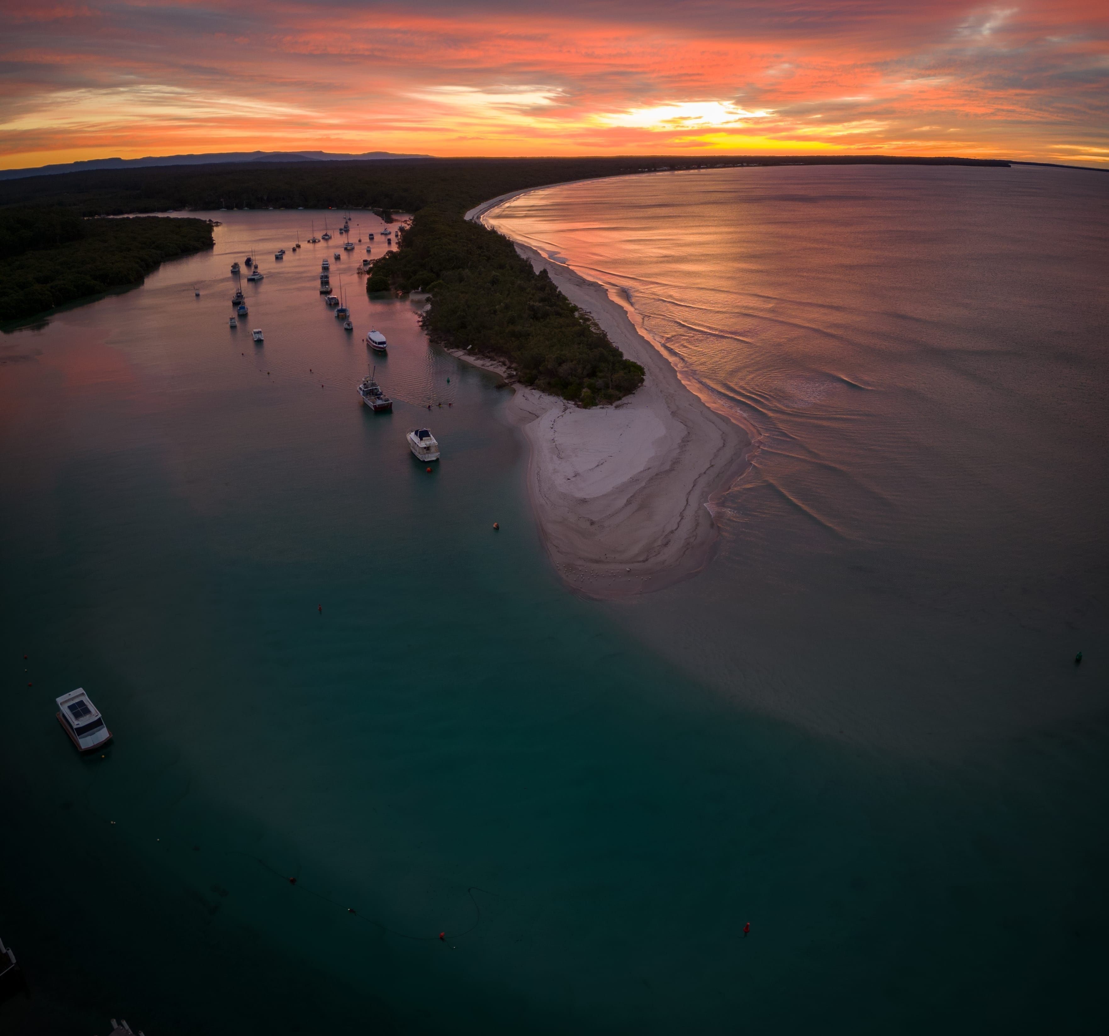 An aerial photo of Jervis Bay at sunset