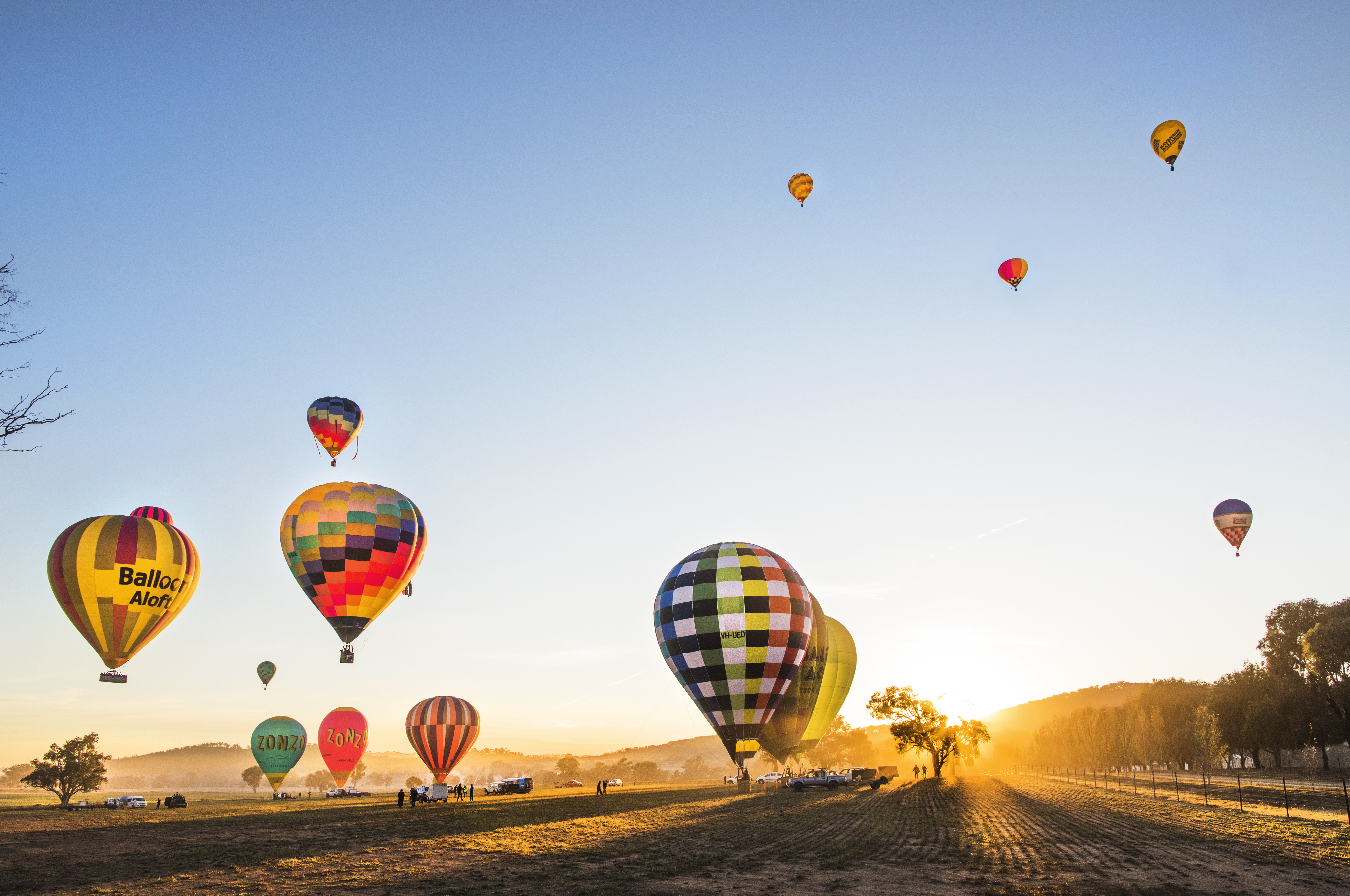 Hot air balloons at golden hour in Mudgee