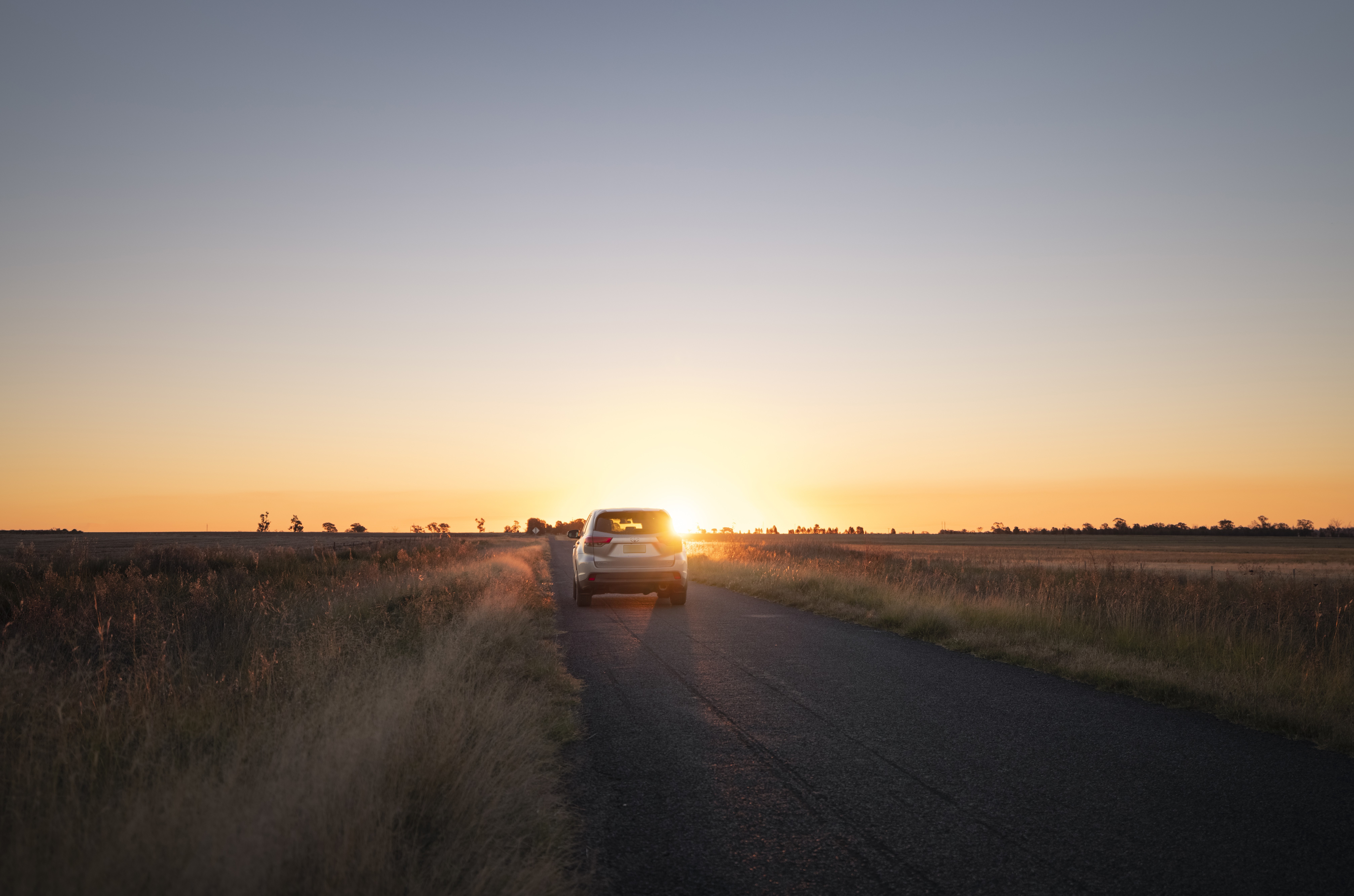 A car driving down a country road in Dubbo at dusk