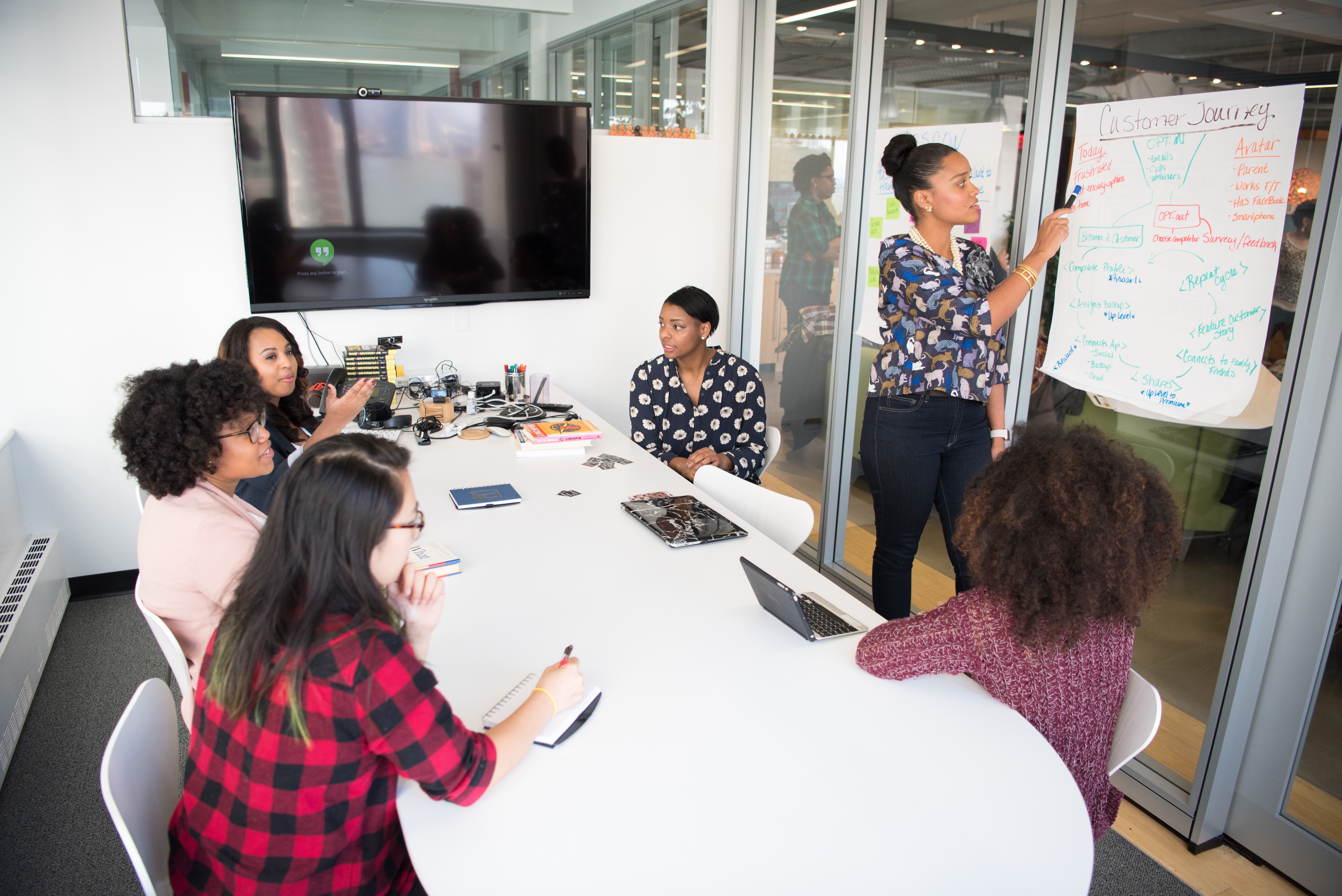 Lady presenting on a whiteboard in an office setting