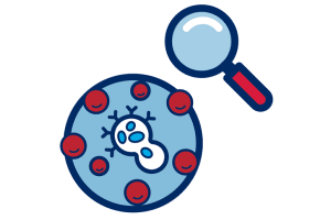 A magnifying glass focused on a virus or infection cell surrounded by blood cells.