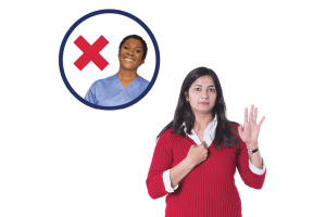 An icon of a doctor with a cross. Next to them is a CHO pointing to themself with their other hand raised.