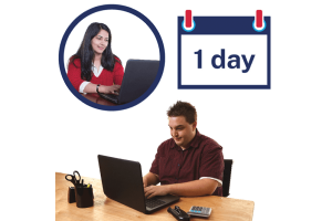 A person using a laptop to contact a CHO. Above them is a calendar that reads "one day".