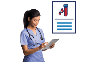 A health care worker looking at a document. Next to them is a blood test document.