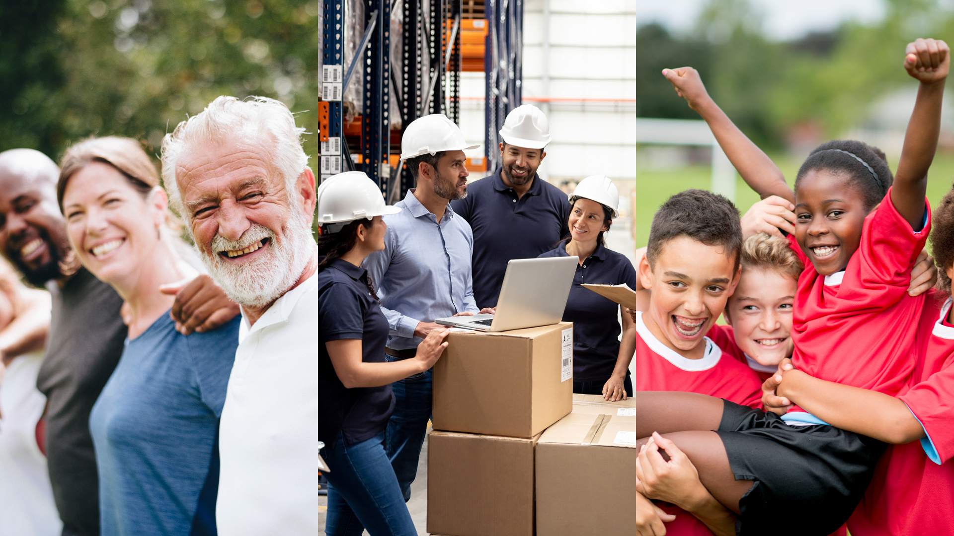 Three images of groups of people gathering, working, and playing sport together.  